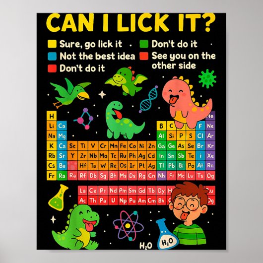 Cute Can I Lick It Dino Periodic Table Science Hum ポスター (正面)