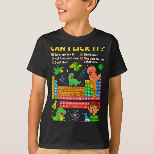 Cute Can I Lick It Dino Periodic Table Science Hum Tシャツ (正面)