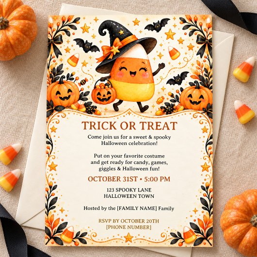 Cute Candy Corn Witch Halloween Party Invitation 招待状
