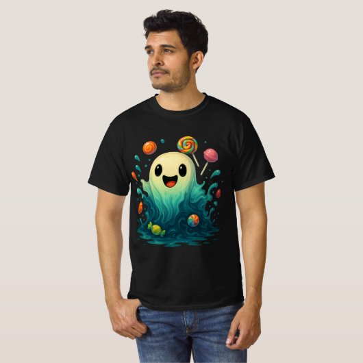 Cute Candy Ghost Halloween Illustration Tシャツ (正面フル)