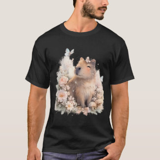 Cute Capybara Among Blooming Flowers Tシャツ