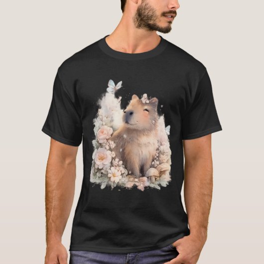 Cute Capybara Among Blooming Flowers Tシャツ (正面)