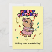 Cute Capybara Birthday Card - Pink Dress & Cake  サンキューカード (正面)