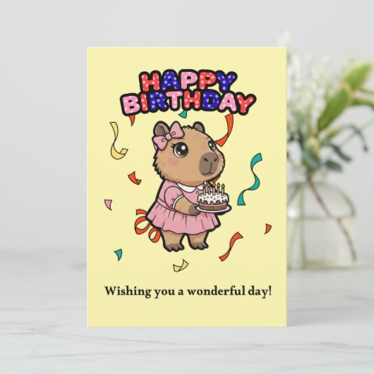Cute Capybara Birthday Card - Pink Dress & Cake  サンキューカード (スタンド正面)