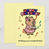 Cute Capybara Birthday Card - Pink Dress & Cake  サンキューカード (正面/裏面)