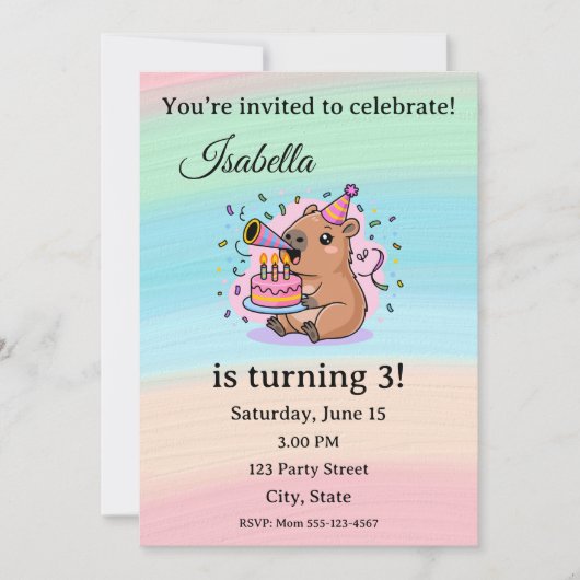 Cute Capybara Birthday Invitation Editable  招待状 (正面)