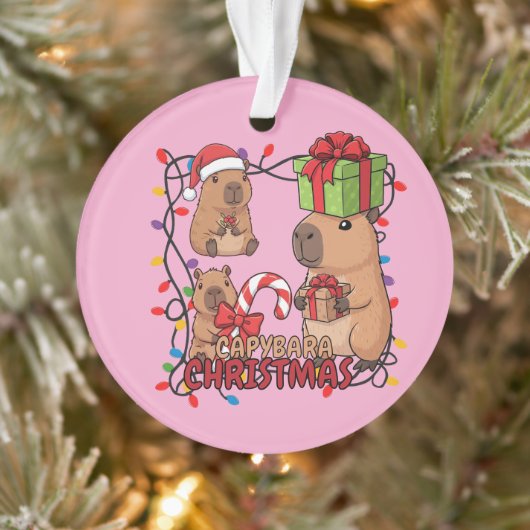 Cute Capybara Christmas Lights Festive Party Pink オーナメント (ツリー)