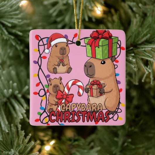 Cute Capybara Christmas Lights Festive Party Pink セラミックオーナメント (ツリー)