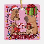 Cute Capybara Christmas Lights Festive Party Pink セラミックオーナメント (正面)