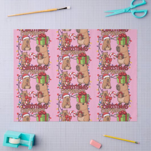 Cute Capybara Christmas Lights Festive Party Pink 薄葉紙 (クラフト)