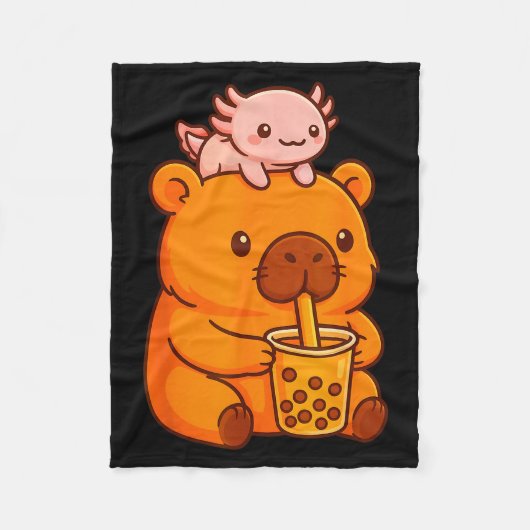 Cute Capybara Drinking Bubble Tea And Axolotl Kawa フリースブランケット (正面)