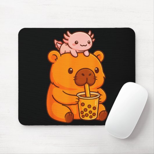 Cute Capybara Drinking Bubble Tea And Axolotl Kawa マウスパッド (マウス)