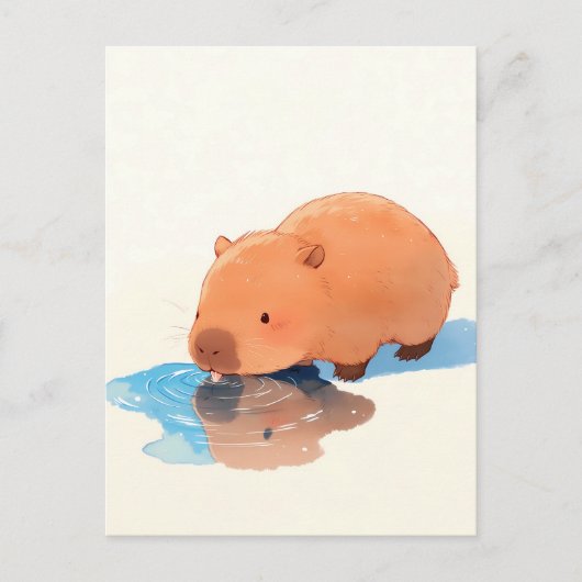 Cute Capybara Drinking from Blue Puddle ポストカード (正面)