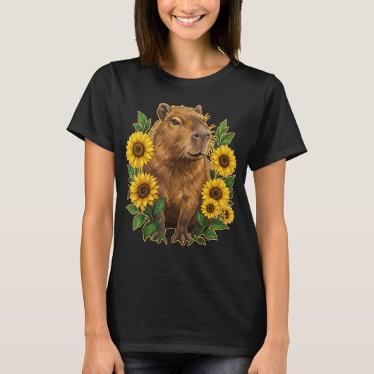 Cute Capybara Floral Sunflower Tシャツ (正面)