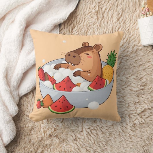 Cute Capybara Fruit Bath Spa Day Kawaii Animal Ill クッション (ブランケット)