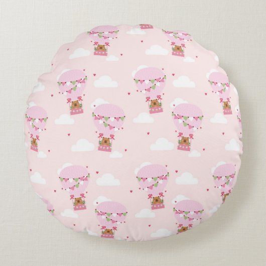 Cute Capybara Hot Air Balloon ラウンドクッション (正面)