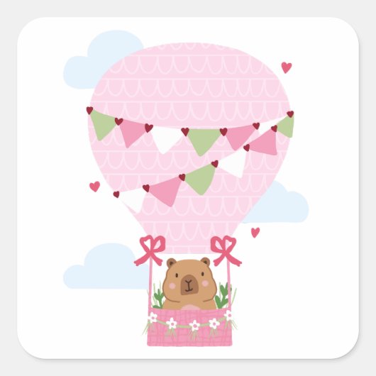 Cute Capybara Hot Air Balloon Pink Birthday Party スクエアシール (正面)