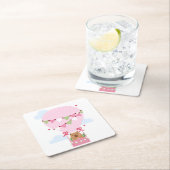 Cute Capybara Hot Air Balloon Pink Birthday Party スクエアペーパーコースター (インサイチュ)