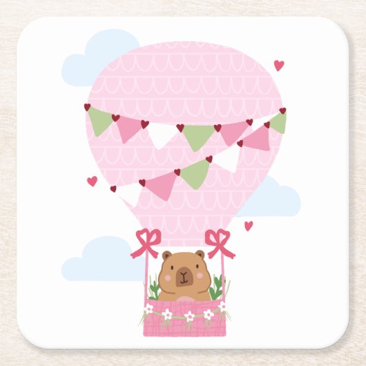 Cute Capybara Hot Air Balloon Pink Birthday Party スクエアペーパーコースター (正面)