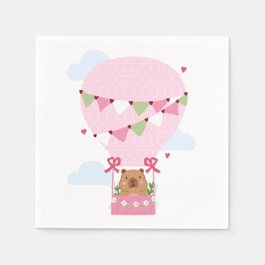 Cute Capybara Hot Air Balloon Pink Birthday Party スタンダードカクテルナプキン (正面)