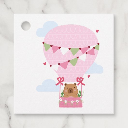 Cute Capybara Hot Air Balloon Pink Birthday Party フェイバータグ (正面)