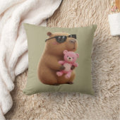 Cute Capybara Hugging Teddy Bear Sage Green  クッション (ブランケット)