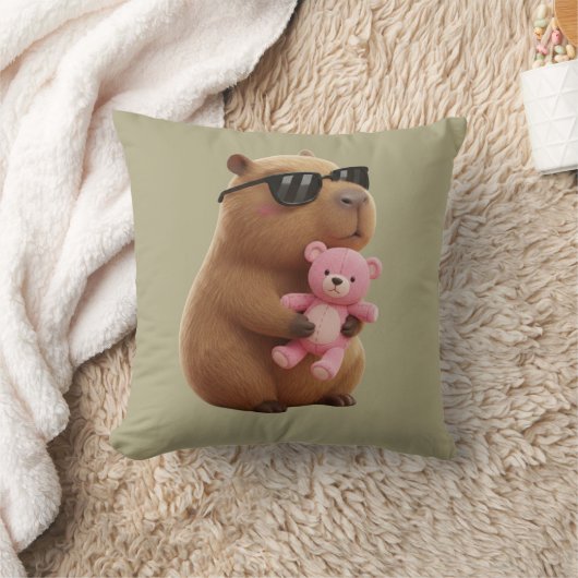 Cute Capybara Hugging Teddy Bear Sage Green  クッション (ブランケット)