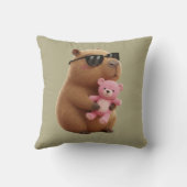 Cute Capybara Hugging Teddy Bear Sage Green  クッション (裏面)
