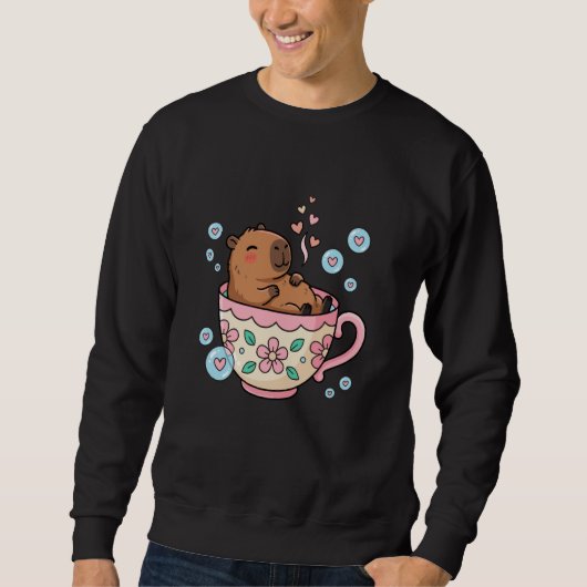 Cute Capybara in Teacup Kawaii Tea Bath Relaxing S スウェットシャツ (正面)