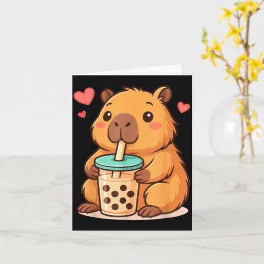 Cute Capybara Kawaii Anime Drinking Bubble Tea Lov カード (黄色い花)