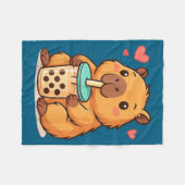 Cute Capybara Kawaii Anime Drinking Bubble Tea Lov フリースブランケット (正面(横))