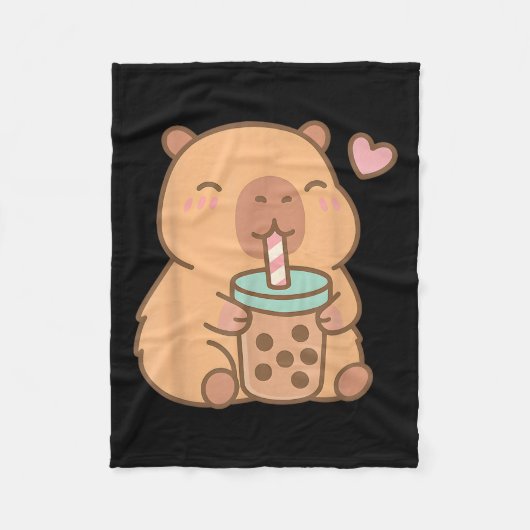 Cute Capybara Kawaii Anime Drinking Bubble Tea Lov フリースブランケット (正面)