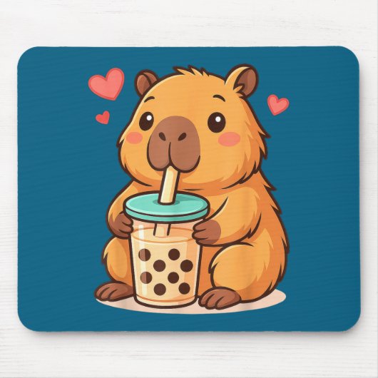 Cute Capybara Kawaii Anime Drinking Bubble Tea Lov マウスパッド (正面)