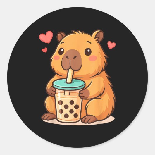 Cute Capybara Kawaii Anime Drinking Bubble Tea Lov ラウンドシール (正面)
