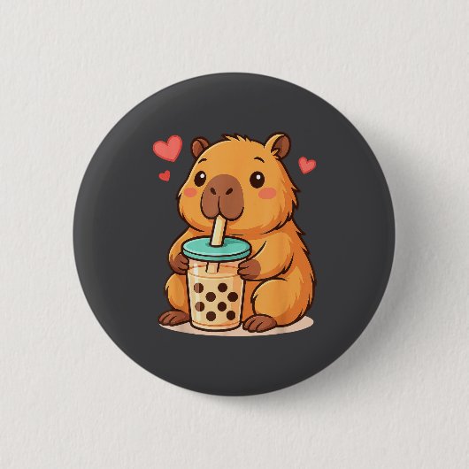 Cute Capybara Kawaii Anime Drinking Bubble Tea Lov 缶バッジ (正面)