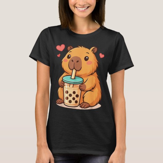 Cute Capybara Kawaii Anime Drinking Bubble Tea Lov Tシャツ (正面)