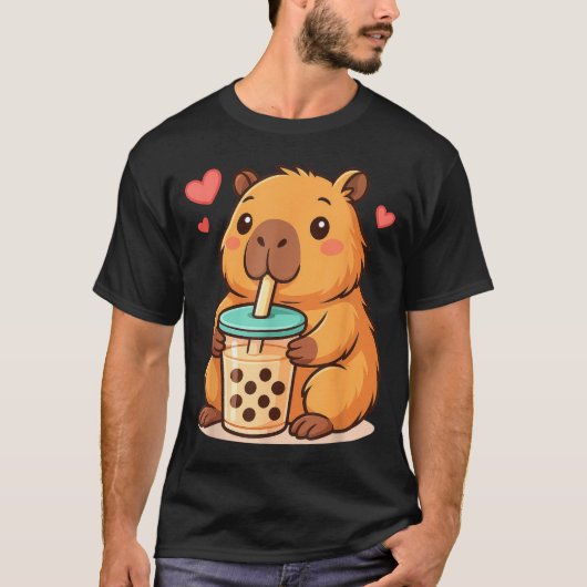 Cute Capybara Kawaii Anime Drinking Bubble Tea Lov Tシャツ (正面)