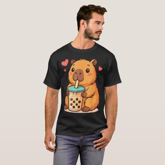 Cute Capybara Kawaii Anime Drinking Bubble Tea Lov Tシャツ (正面フル)