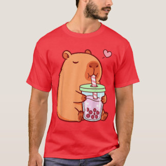 Cute Capybara Kawaii Anime Girls Drinking Bobaea L Tシャツ