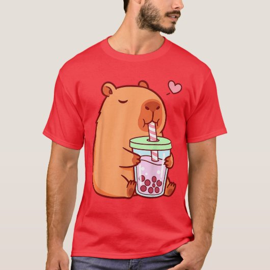 Cute Capybara Kawaii Anime Girls Drinking Bobaea L Tシャツ (正面)