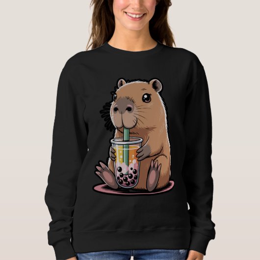 Cute Capybara Kawaii Boba Tea Lover T-Shirt スウェットシャツ (正面)