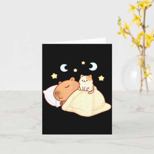 Cute Capybara Kawaii Sleep Pajamas Sleepybara Cat  カード (黄色い花)