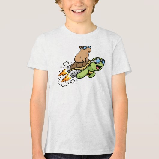 Cute Capybara on Turtle the Funny Animal トライブレンドＴシャツ (正面)