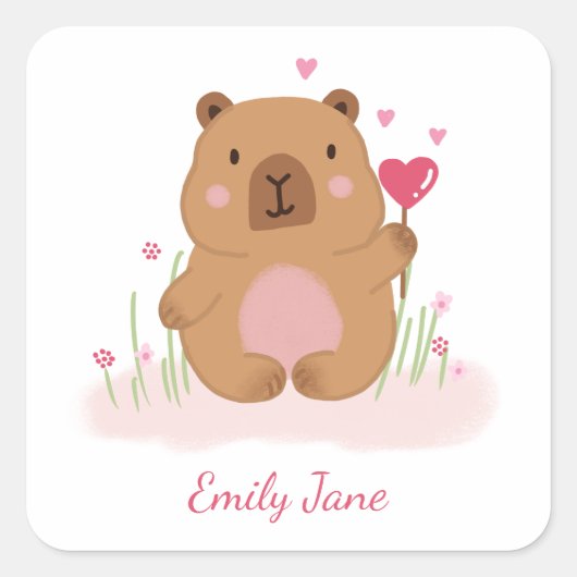 Cute Capybara Personalized Pink Baby Shower スクエアシール (正面)