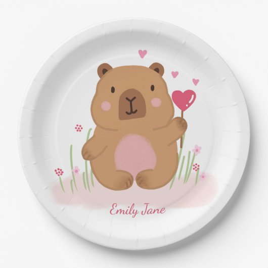 Cute Capybara Personalized Pink Baby Shower  ペーパープレート (正面)
