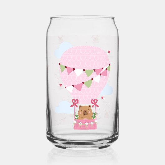 Cute Capybara Pink Hot Air Balloon  ガラス缶 (正面)