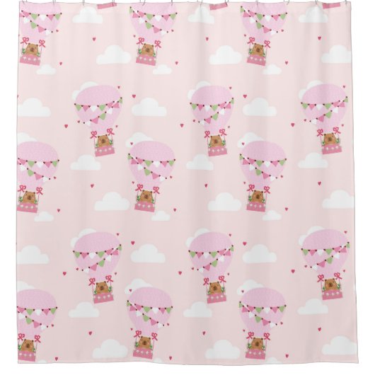 Cute Capybara Pink Hot Air Balloon  シャワーカーテン (正面)