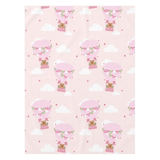 Cute Capybara Pink Hot Air Balloon  テーブルクロス (正面)