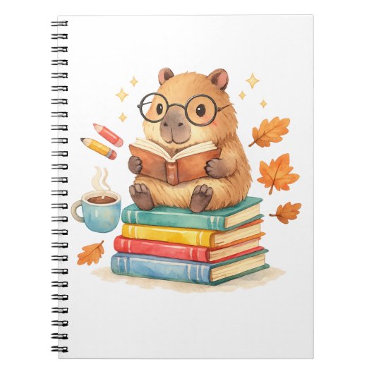 Cute Capybara Reading Books Watercolor ノートブック (正面)