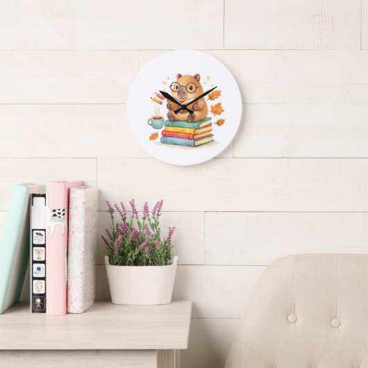 Cute Capybara Reading Books Watercolor ラージ壁時計 (読書スペース)
